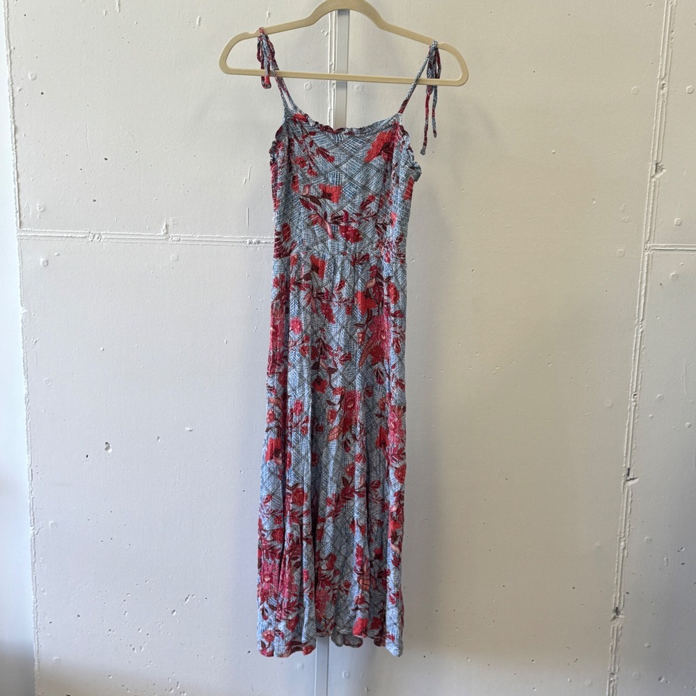 Knox Rose Floral Lattice Smocked Tiered Midi Dress Tie Strap Women's XS Blue Red
